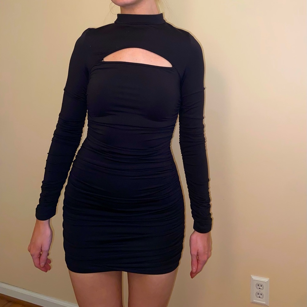 Black Scrunch Mini Dress With Cutout